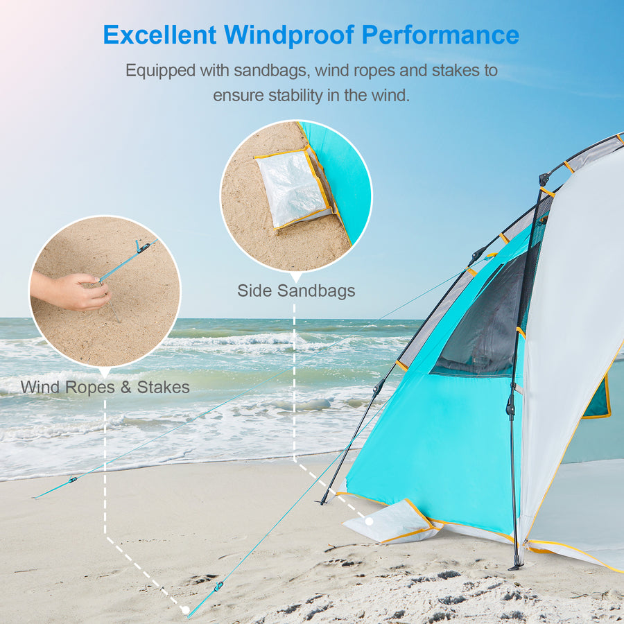 Wolfwise instant sun shelter is equipped with 3 sandbags and 4 wind ropes to ensure stability in the windy condition.