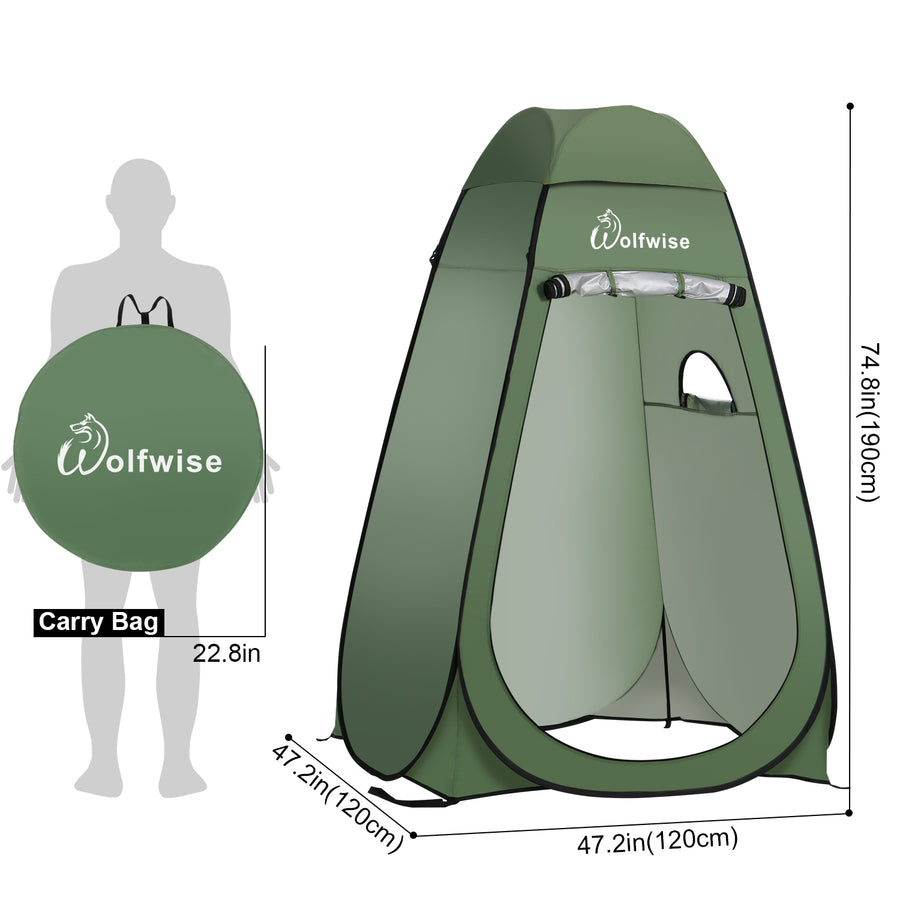 WolfWise portable shower tent is 47.2" L x 47.2" W x 74.8" H when open and 22.8" L x 22.8" W when folded.