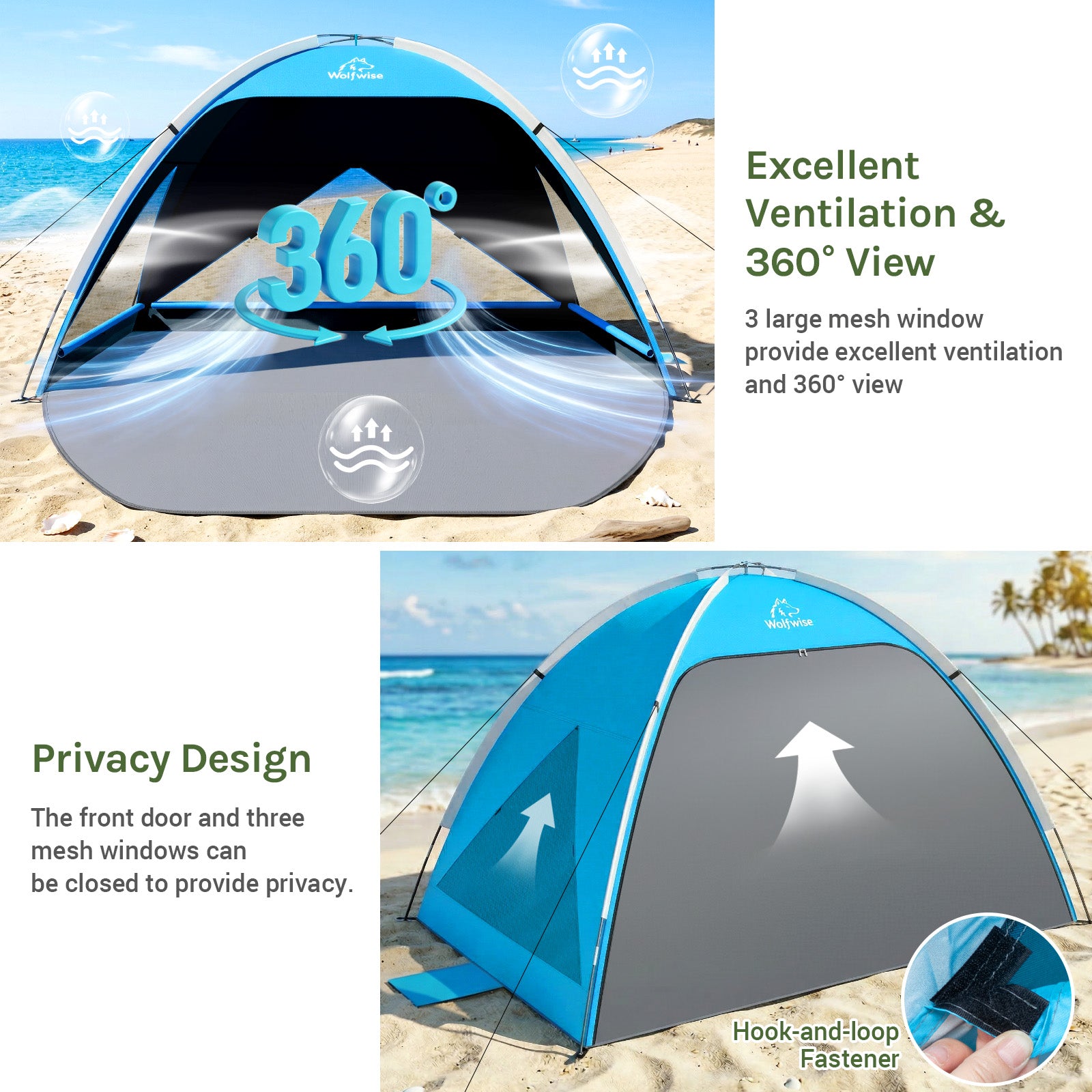Wolfwise Beach Tent Sun Shelter for 4 Person, UPF 50+ – WolfWise