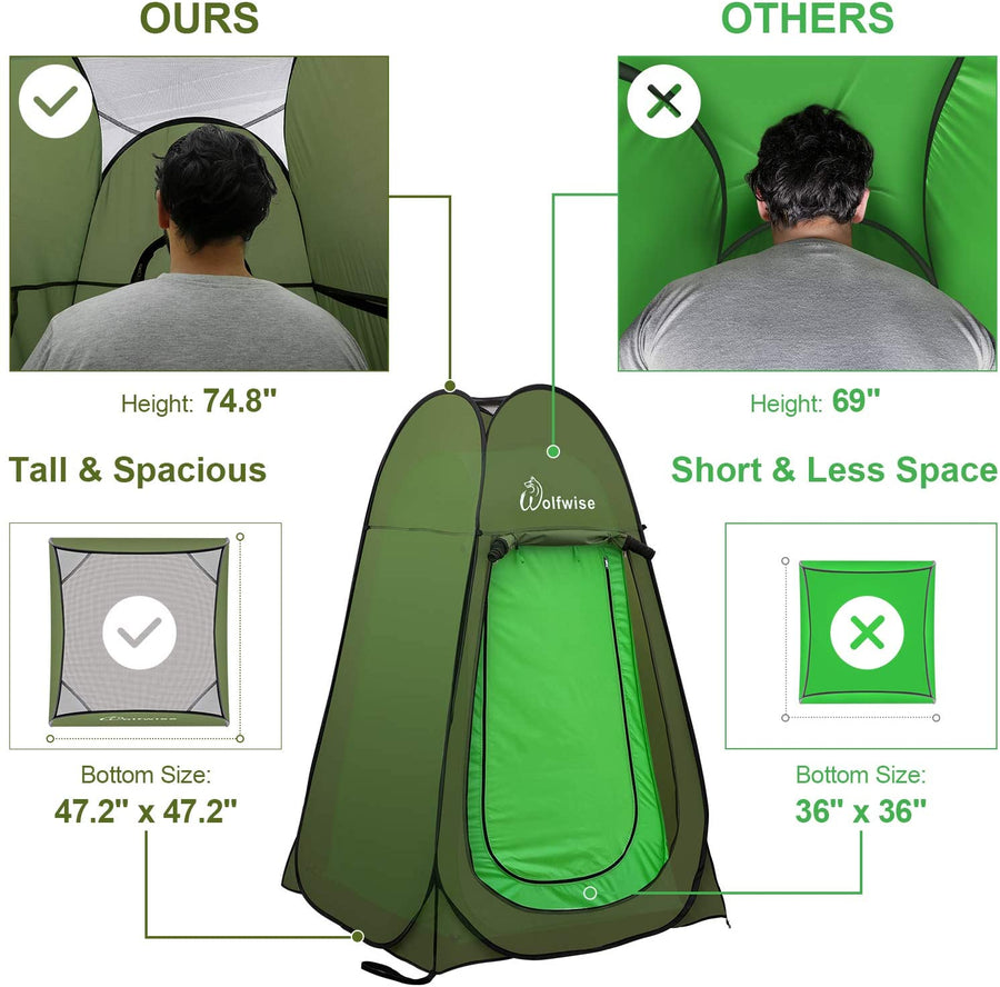 WolfWise pop up shower tent is taller and spacious than other sellers in the market.