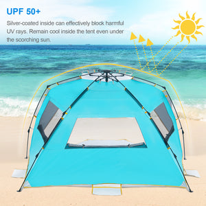 Wolfwise 4 person easy setup beach tent can effectively block harmful UV rays. You'll remain cool inside the tent even under the scorching sun.