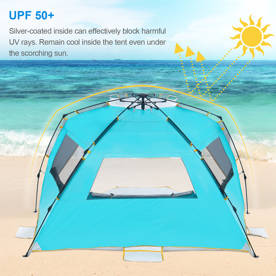Wolfwise 4 person easy setup beach tent can effectively block harmful UV rays. You'll remain cool inside the tent even under the scorching sun.