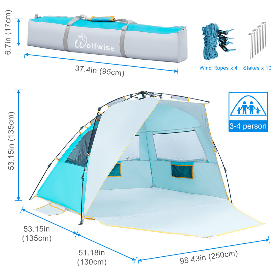 Wolfwise instant sun shelter when open is 98.43" L x 53.15" W x 53.15" H with a 51.18” front porch, providing a spacious internal shelter for up to 4 people.