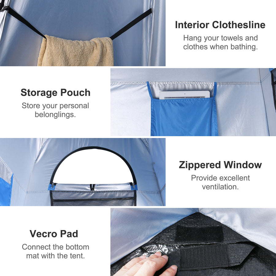 WolfWise 2 room pop up shower tent is equipped with interior clotheslines, storage pouchs, zippered windows and removable bottom mat.