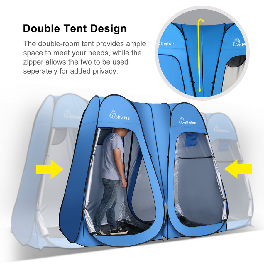 WolfWise 2 room pop up shower tent is spacious for its double room design, which allows the two to be used together for more privacy.