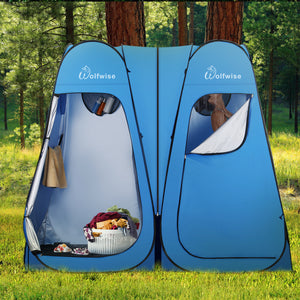 WolfWise 2 room pop up shower tent is for multiple use. One for storing dirty clothes and one for showering in the wild.