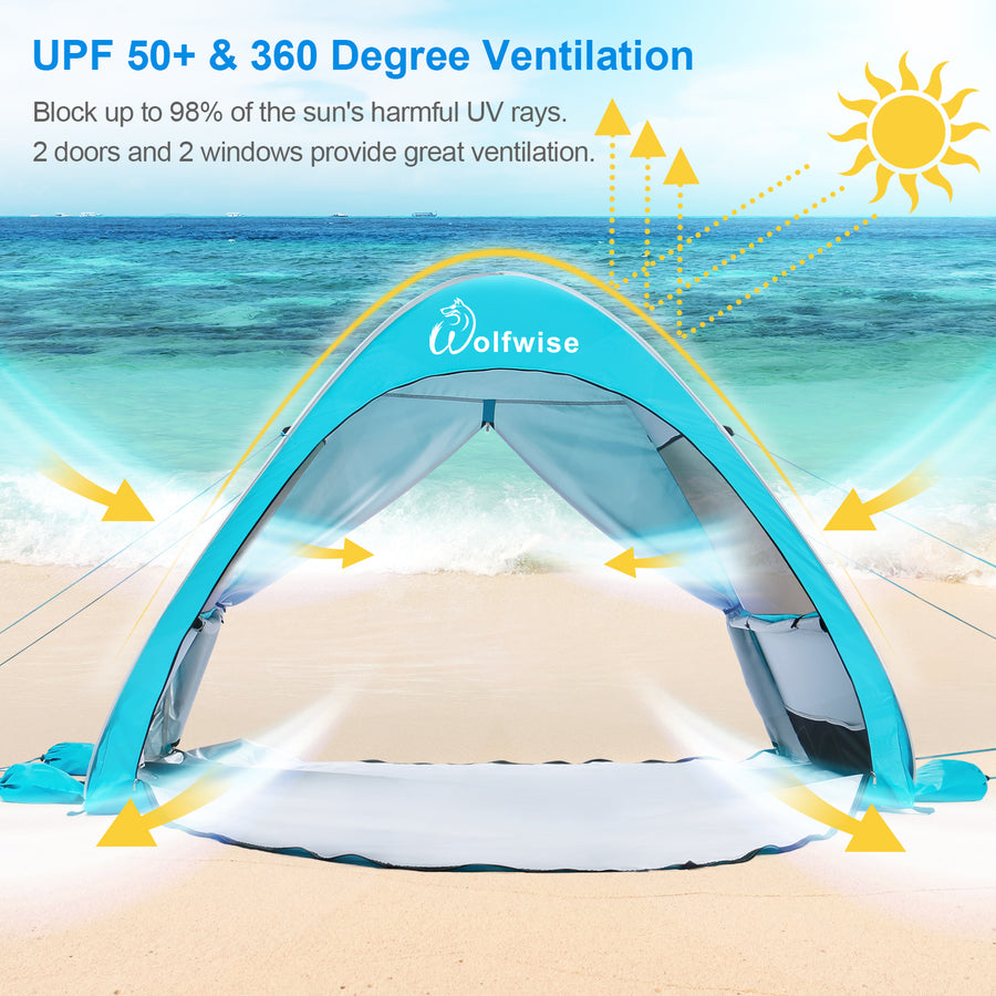 Wolfwise pop up sun shelter provides all-day protection and 360 degree ventilation for your family on the beach.