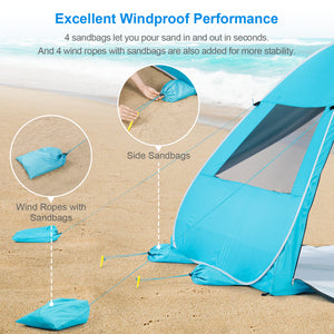 Wolfwise pop up beach tent is equipped with unique sandbags and 4 wind ropes to ensure stability in the windy condition.