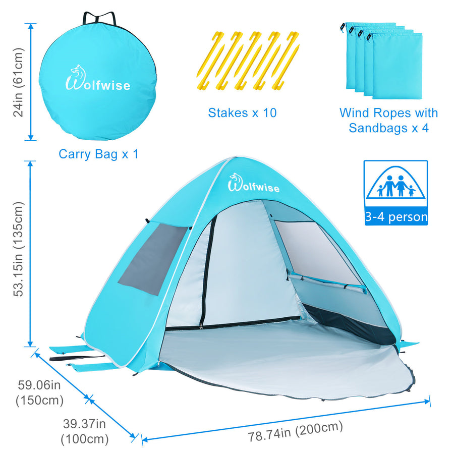 WolfWise AquaBreeze A20 UPF 50+ Easy Pop Up Beach Tent Sun Shelter Instant Automatic Portable Sport Umbrella Indoor Playhouse Baby Canopy Cabana is 78.74" L x 59.06" W x 53.15" H with a 42.52” front porch.