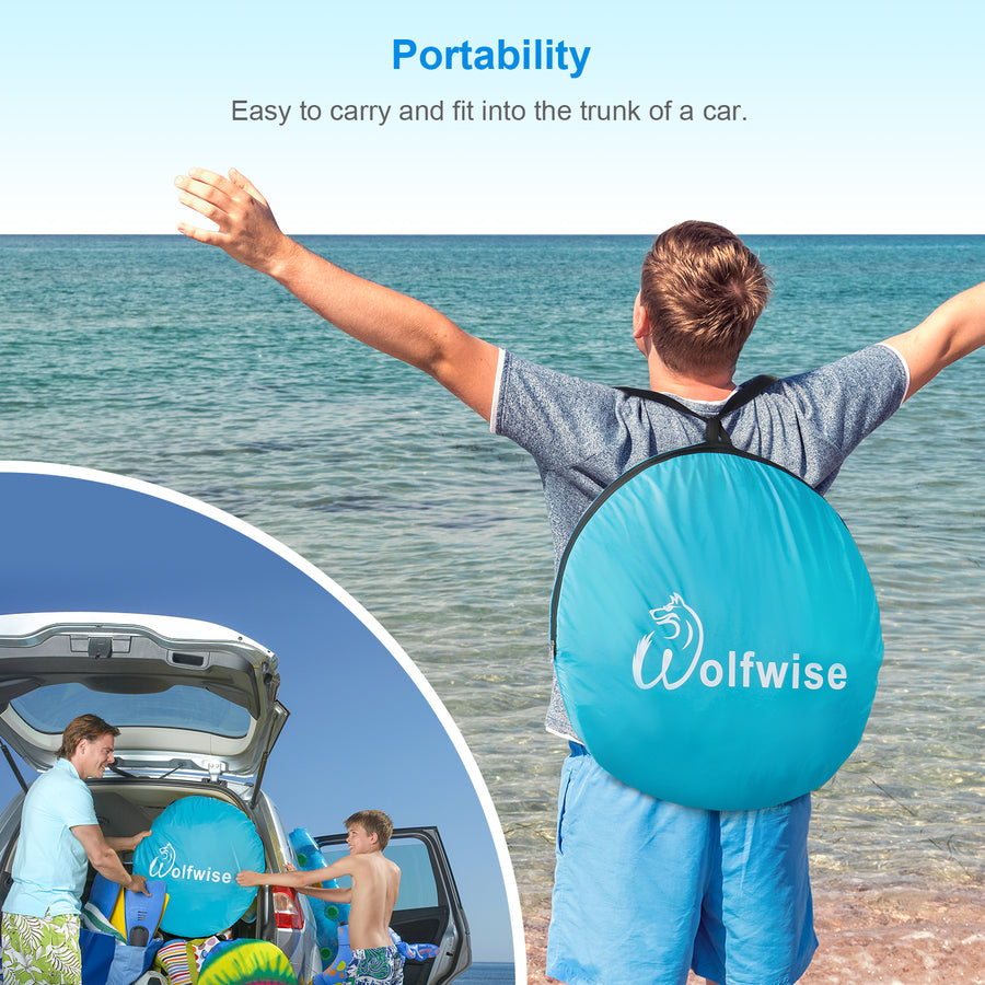 Wolfwise portable beach shade is easy to carry and fit into the trunk of a car.