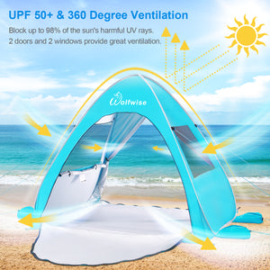 Wolfwise pop up beach tent provides all-day protection and 360 degree ventilation for your family on the beach