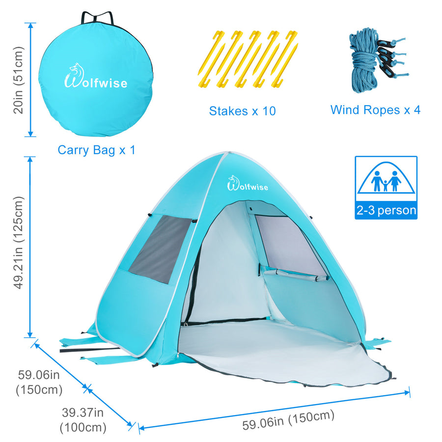 Wolfwise instant beach shade is 59.06" L x 59.06" W x 49.21" H with a 39.37" front porch, 20% bigger and higher than competitors.