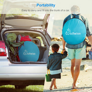 Wolfwise portable beach tent is easy to carry and fit into the trunk of a car.