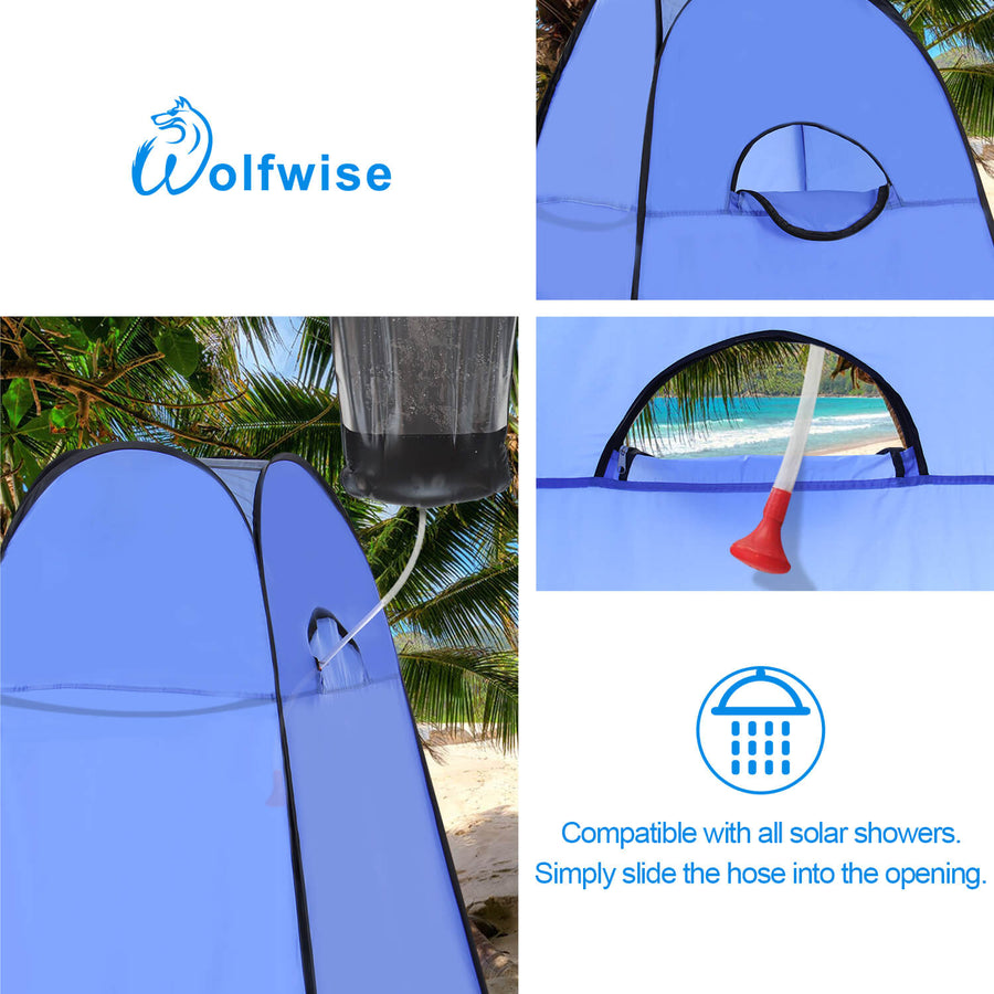 WolfWise pop up shower tent is compatible with all solar showers for showering in the wild.