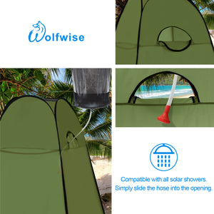 WolfWise pop up shower tent is compatible with all solar showers for showering in the wild.