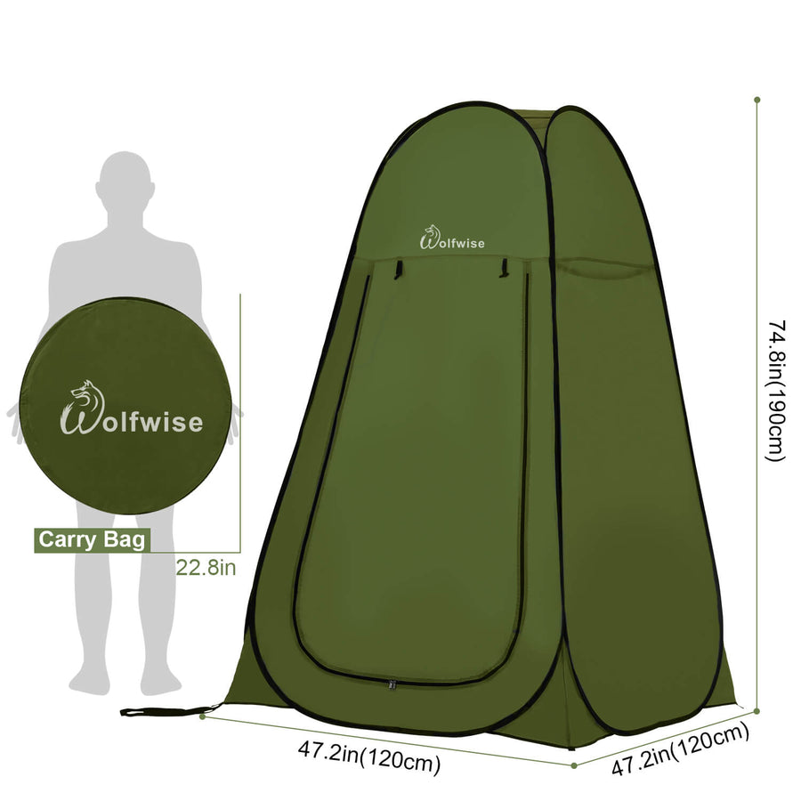 WolfWise Blazers A10 Pop Up Privacy Shower Tent Portable Outdoor Sun Shelter Camp Toilet Changing Dressing Room is 47.2" L x 47.2" W x 74.8" H When Open and 22.8" L x 22.8" W When Folded.