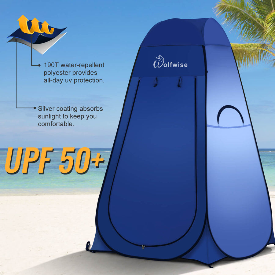 WolfWise pop up shower tent is UPF 50+, providing an all-day UV protection.