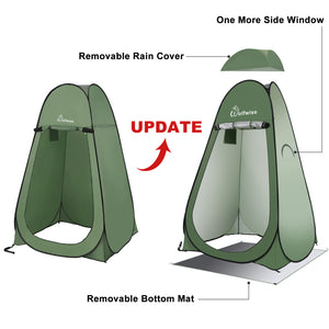 WolfWise pop up shower tent is upgraded with a removable rain cover, a removable bottom mat and one more side window.