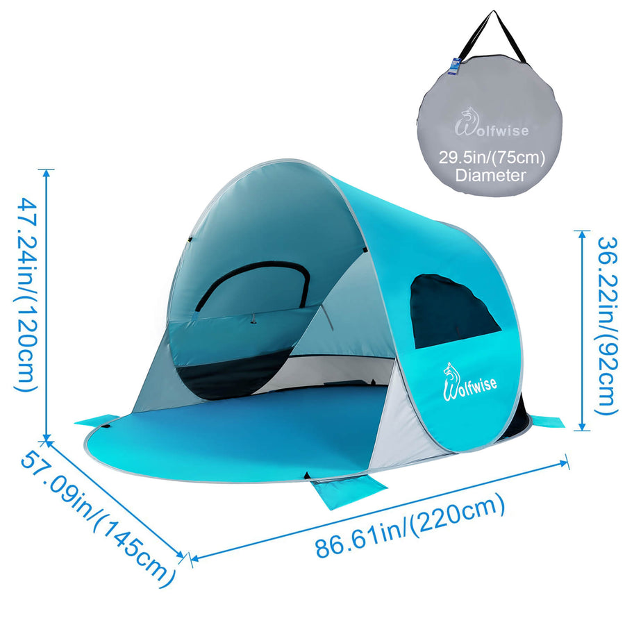 WolfWise easy pop up beach tent is 86" L x 57" W x 47" H, providing a spacious interior shelter that comfortably fits 3-4 people. Weighing just 4.2 pounds and folds down to a travel size of 29.5" L x 29.5"W x 1.6" H. 