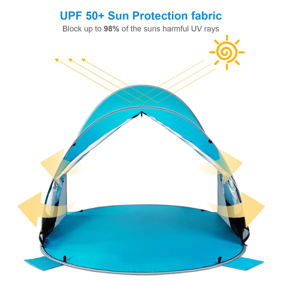 Wolfwise pop up beach shelter blocks up to 98% of the sun's harmful UV rays.