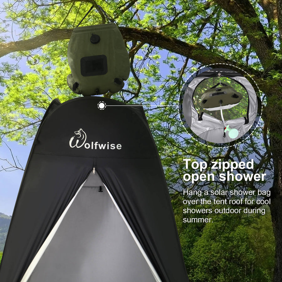 WolfWise portable shower tent has a top zippered window to use the shower bag in the wild.